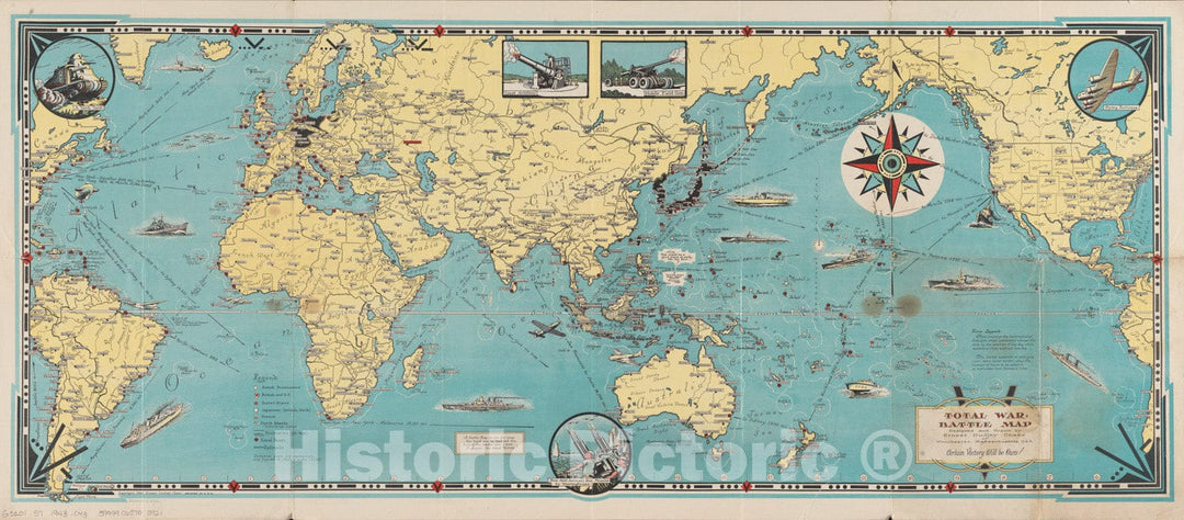 Historical Map, 1943 Invasion and Total war Victory maps : with Decorations, Illustrations and Military and Naval Insignia, Vintage Wall Art