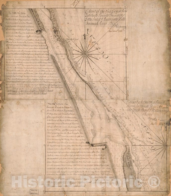 Historical Map, 1765 Chart of The sea Coast from Latitude 27aÂ°00EÂ¹00EÂº to 27aÂ°20EÂ¹00EÂº, with Little Inlet & River into Hillsborough River ; Chart of The sea, Vintage Wall Art