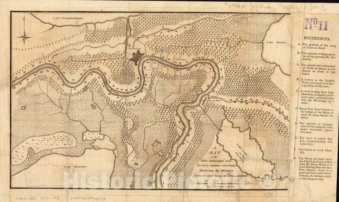 Historical Map, 1800-1809 A map of the River Mississippi and territory adjacent to N. Orleans illustrating the military position and camp at Terre au Boeuf, Vintage Wall Art