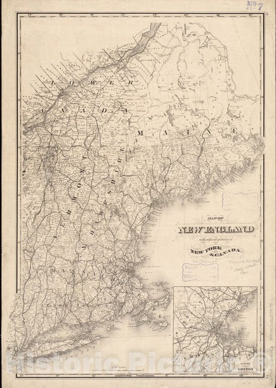 Historical Map, 1870-1879 Map of New England with Adjacent portions of New York & Canada, Vintage Wall Art