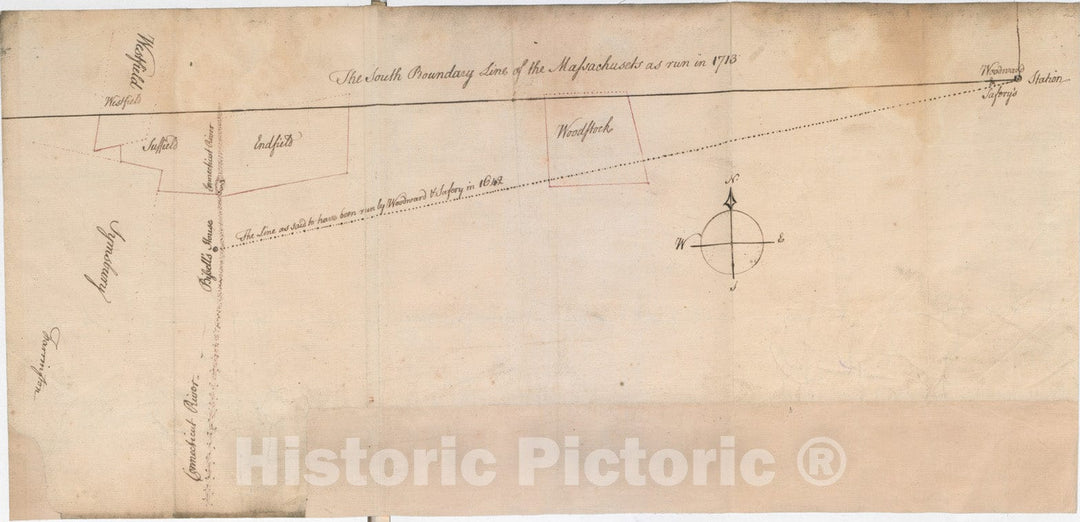 Historical Map, [Map Showing The Boundary line Between The Provinces of Massachusetts Bay and Connecticut by Woodward and Saffery in 1642 and as Run in 1713], Vintage Wall Art