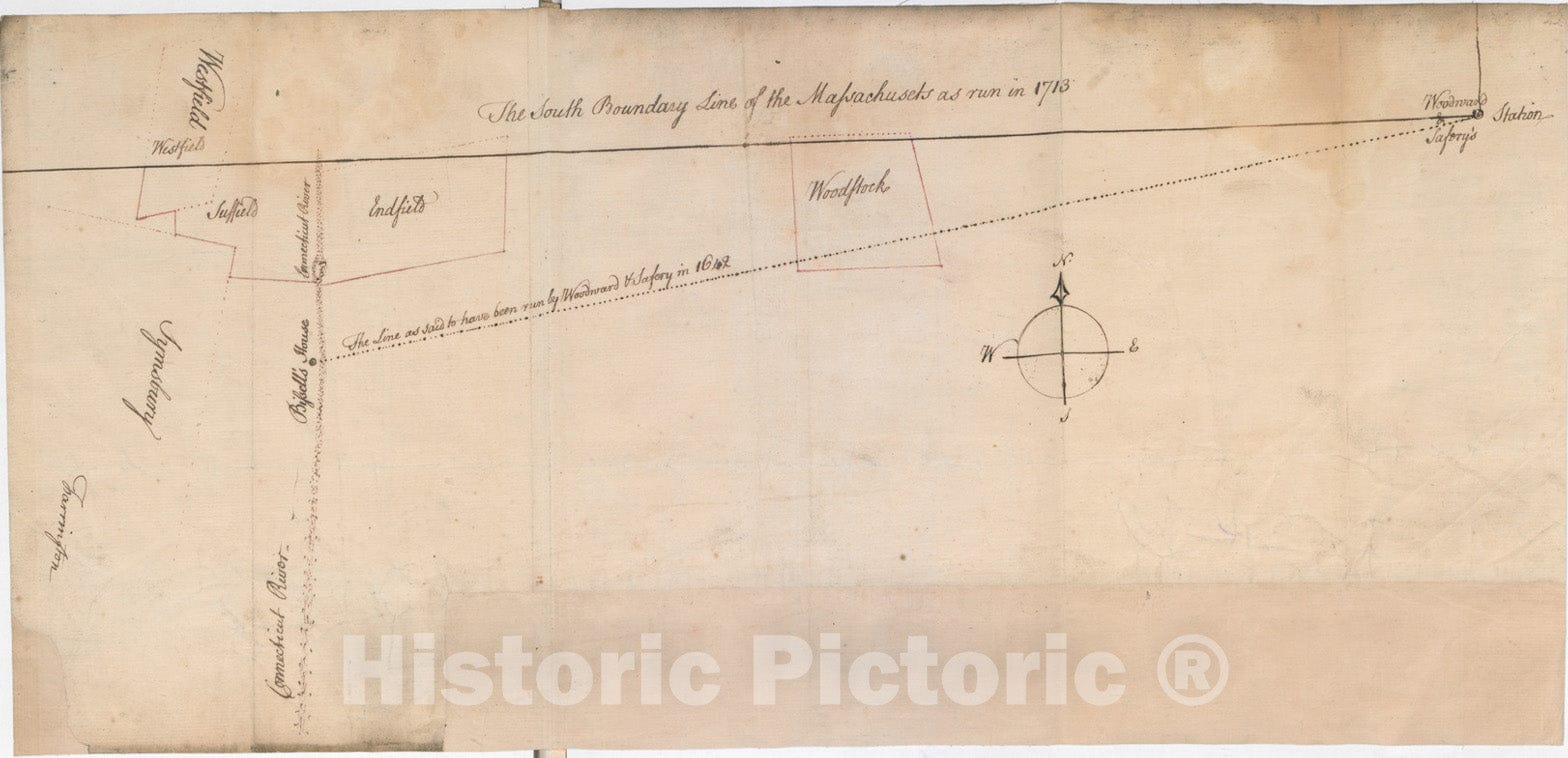 Historical Map, [Map Showing The Boundary line Between The Provinces of Massachusetts Bay and Connecticut by Woodward and Saffery in 1642 and as Run in 1713], Vintage Wall Art