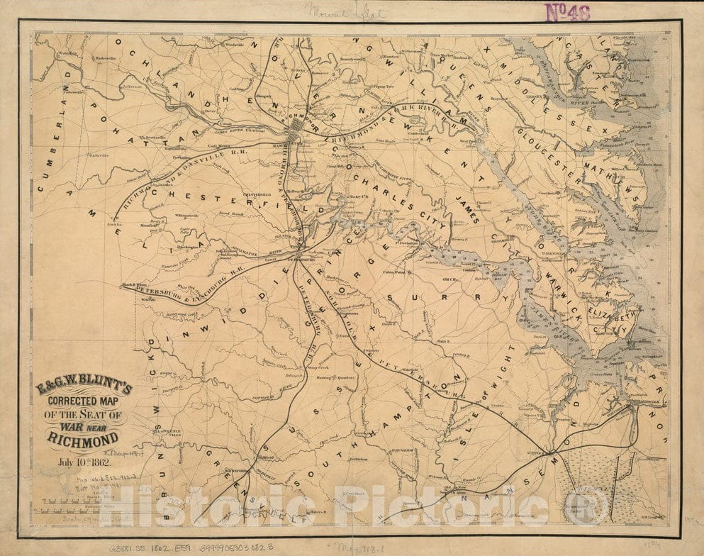 Historical Map, E. & G.W. Blunt's Corrected map of The seat of war Near Richmond, July 10th, 1862, Vintage Wall Art