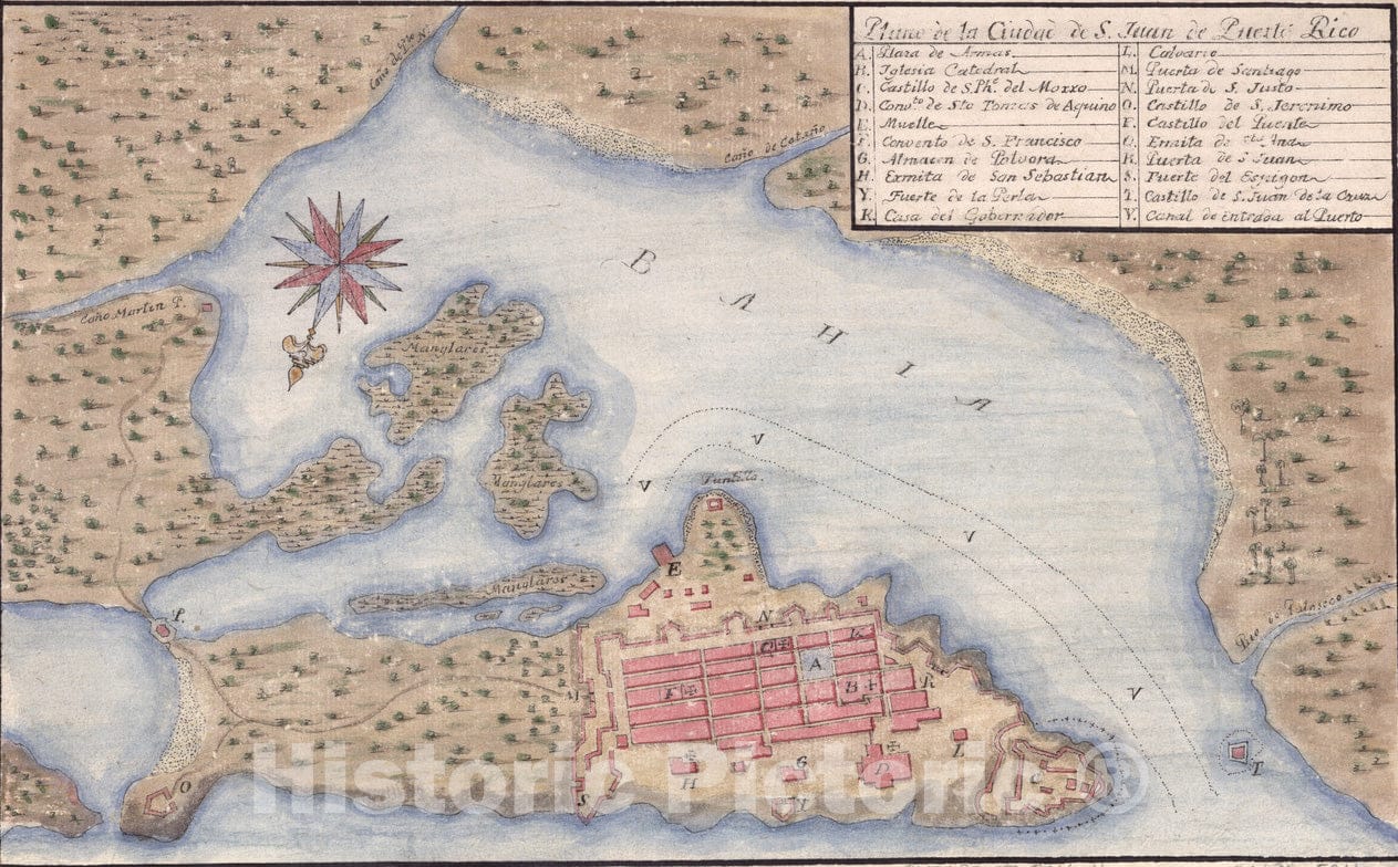 Historical Map, ca. 1770 Plano de la Ciudad de S. Juan de Puerto Rico, Vintage Wall Art