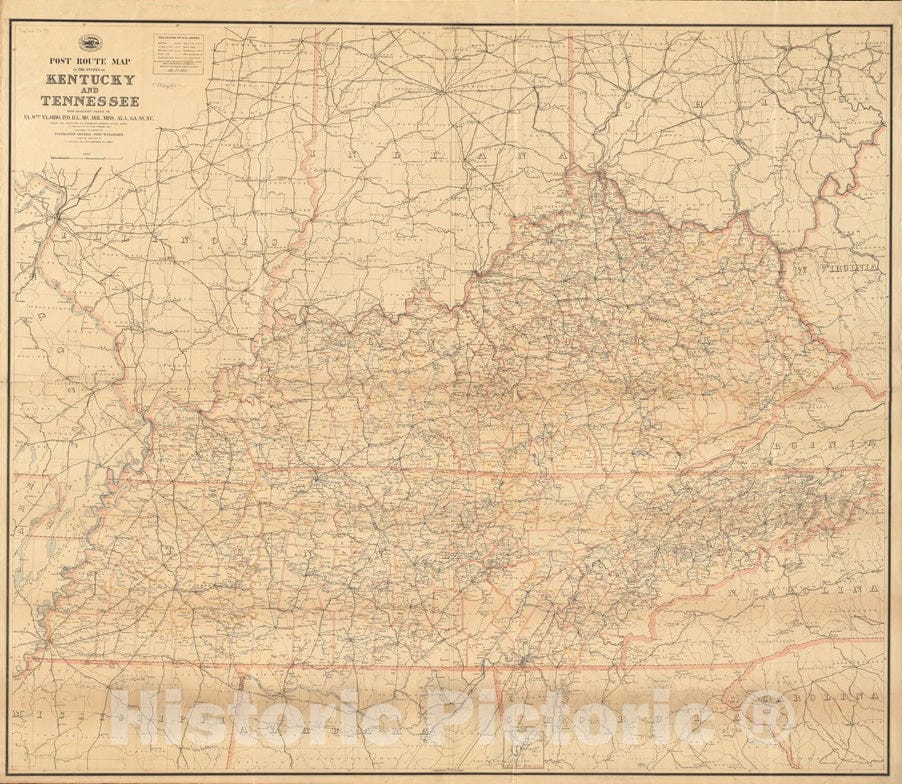 Historical Map, 1891 Post route map of the states of Kentucky and Tennessee with adjacent parts of Va, West Va, Ohio, Ind, Ill, Mo, Ark, Miss, Ala, Ga, Vintage Wall Art