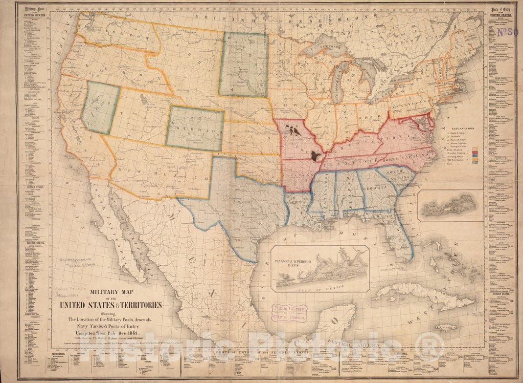 Historical Map, 1861 Military map of the United States & territories showing the location of the military posts, arsenals, Navy Yards, & ports of entry. Compiled from pub-doc--1861 Vintage Wall Art