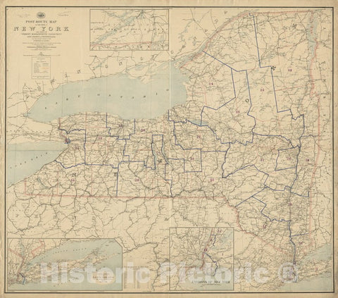 Historical Map, 1889 Post Route map of The State of New York and Parts of Vermont, Massachusetts, Connecticut, New Jersey, and Pennsylvania, Vintage Wall Art