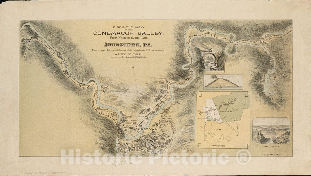 Historical Map, ca. 1889 Bird's-Eye View of The Conemaugh Valley, from Nineveh to The Lake : Johnstown, Pa, Vintage Wall Art