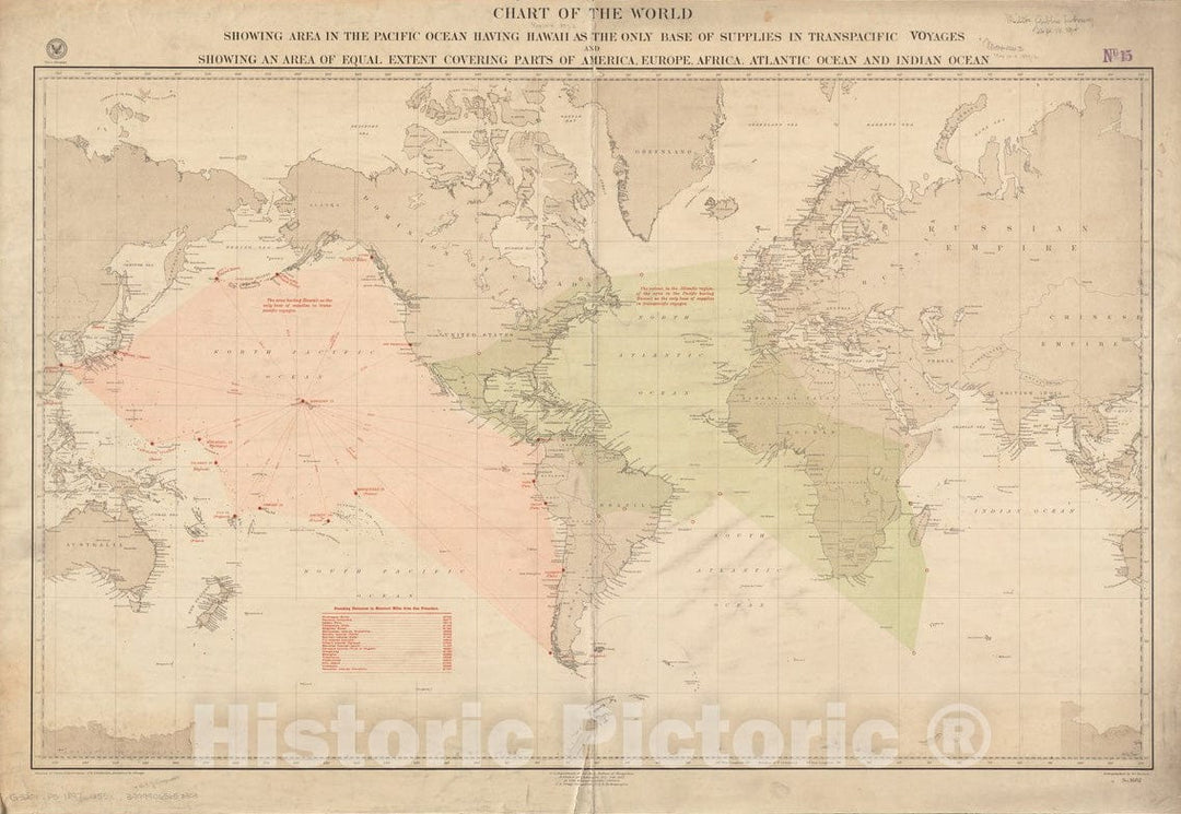 Historical Map, 1897 Chart of The World Showing Area in The Pacific Ocean Having Hawaii as The only Base of Supplies in transpacific Voyages, Vintage Wall Art