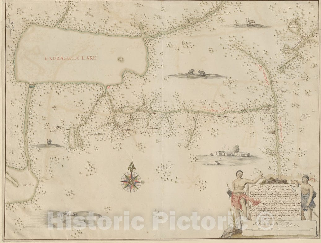 Historical Map, 1700 A Mappe of Colonel RoIË†mers Voyage to ye: 5 Indian Nations Going from New Yorck to Albany thence west to ye 3 Macquas Castle, Vintage Wall Art