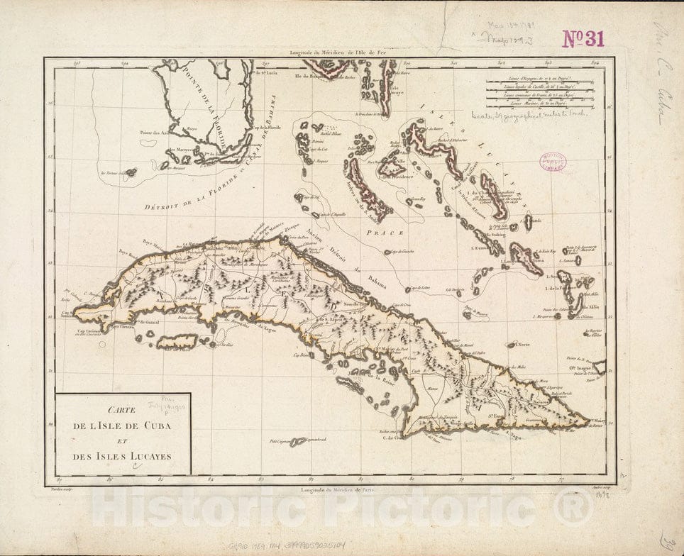 Historical Map, 1789 Carte de l'Isle de Cuba et des Isles Lucayes, Vintage Wall Art