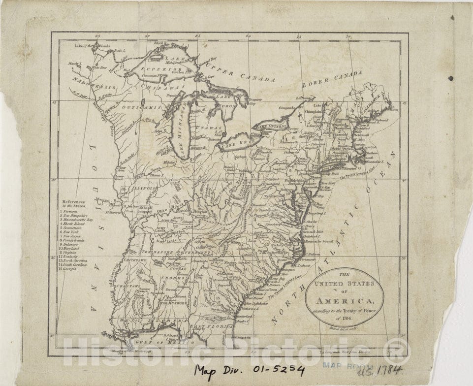 Historical Map, The United States of America, According to The Treaty of Peace of 1784, Vintage Wall Art