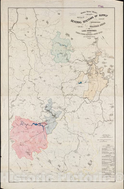 Historical Map, 1878 Boston Water Works : map Showing The Several Sources of Supply Already Constructed, Also The Drainage Areas of Lake Cochituate, Vintage Wall Art