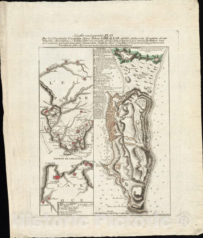 Historical Map, 1780 Neuester und acurater Plan der weltberuhmten Englischen Berg festung Gibraltar auf der Spitze von Spanien : derer wercher meertiefung, Vintage Wall Art