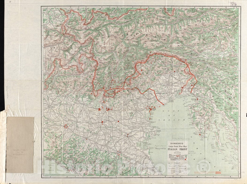 Historical Map, 1918 Hammond's Large Scale war map of The Italian Front, Vintage Wall Art