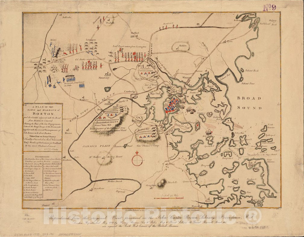 Historical Map, 1911 A Plan of the town and harbour of Boston, and the country adjacent with the road from Boston to Concord, Vintage Wall Art