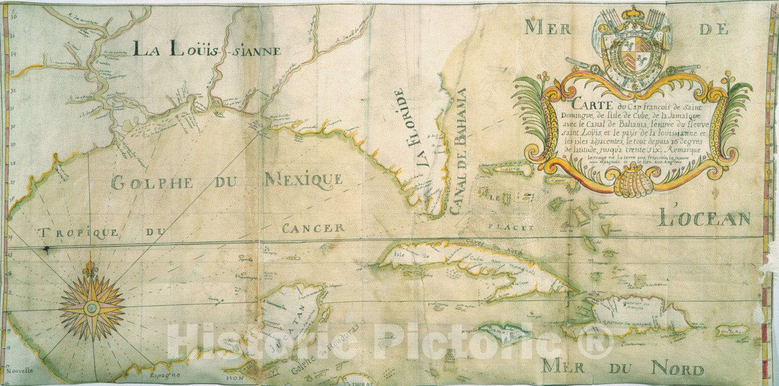 Historical Map, 1747 Carte du Cap FranciÂ¨ois de Saint Domingue, de l'isle de Cuba, de la Jamaique avec le Canal de Bahama, l'entreIe du fleuve St. Louis, Vintage Wall Art