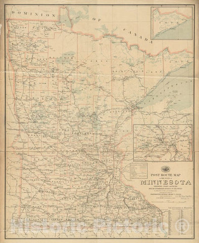 Historical Map, 1903 Post route map of the state of Minnesota showing post offices with the intermediate distances and mail routes in operation on the 1st of December, 1903, Antique Vintage Wall Art