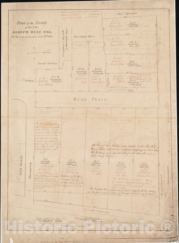 Historical Map, Plan of The Estate of The Late Joseph Head Esq. to be Sold at Auction, Oct. 8th 1841, Vintage Wall Art