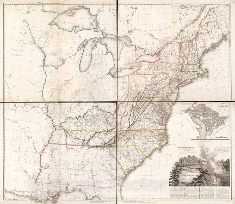 Historical Map, 1802 United States of NTH. America : Carte des Etats-UNIS de l'AmeIrique Septentrionale, Vintage Wall Art