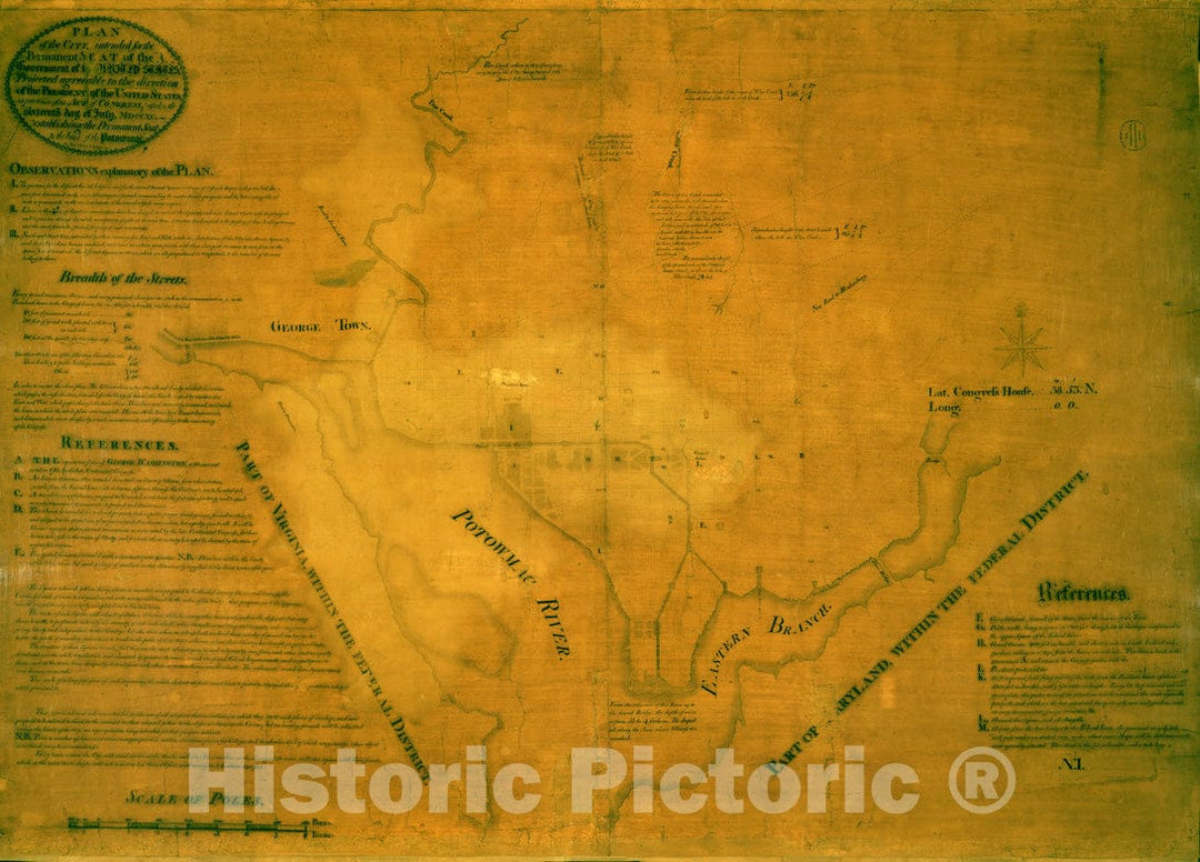 Historical Map, 1791 Plan of the city intended for the permanent seat of the government of t[he] United States, Vintage Wall Art