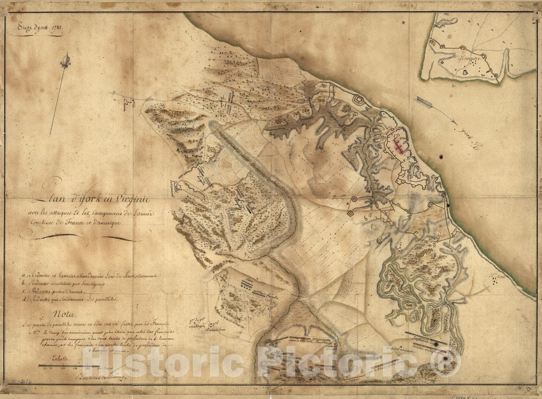 Historical Map, Siege d'York, 1781 : Plan d'York en Virginie avec les attaques et les campemens de l'ArmeIe combineIe de France et d'AmeIrique, Vintage Wall Art