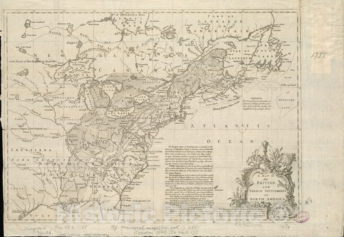 Historical Map, 1750-1759 A map of The British and French settlements in North America, Vintage Wall Art