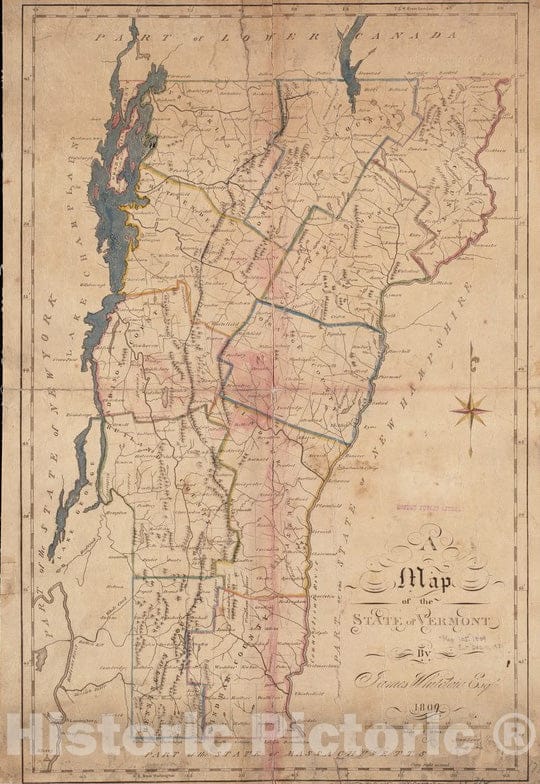 Historical Map, 1809 A map of The State of Vermont, Vintage Wall Art