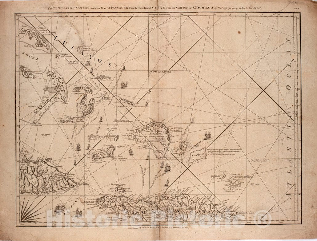 Historical Map, 1794 The Windward Passage, with The Several passages from The East end of Cuba : & from The North Part of St. Domingo, Vintage Wall Art