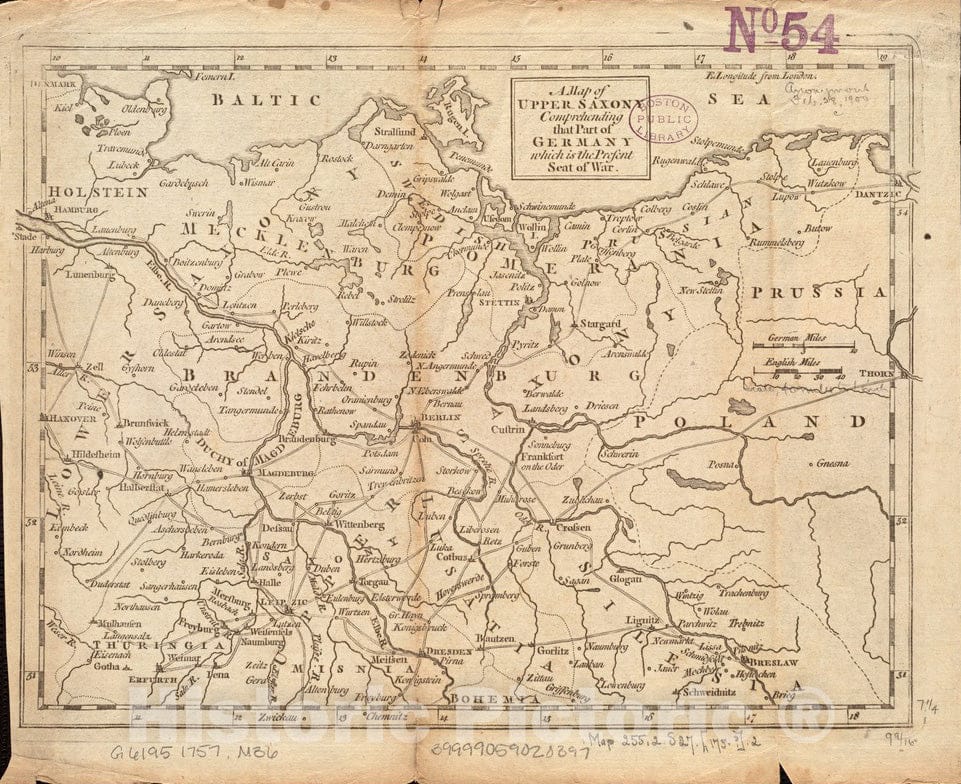 Historical Map, 1757 A map of Upper Saxony comprehending That Part of Germany which is The Present seat of war, Vintage Wall Art