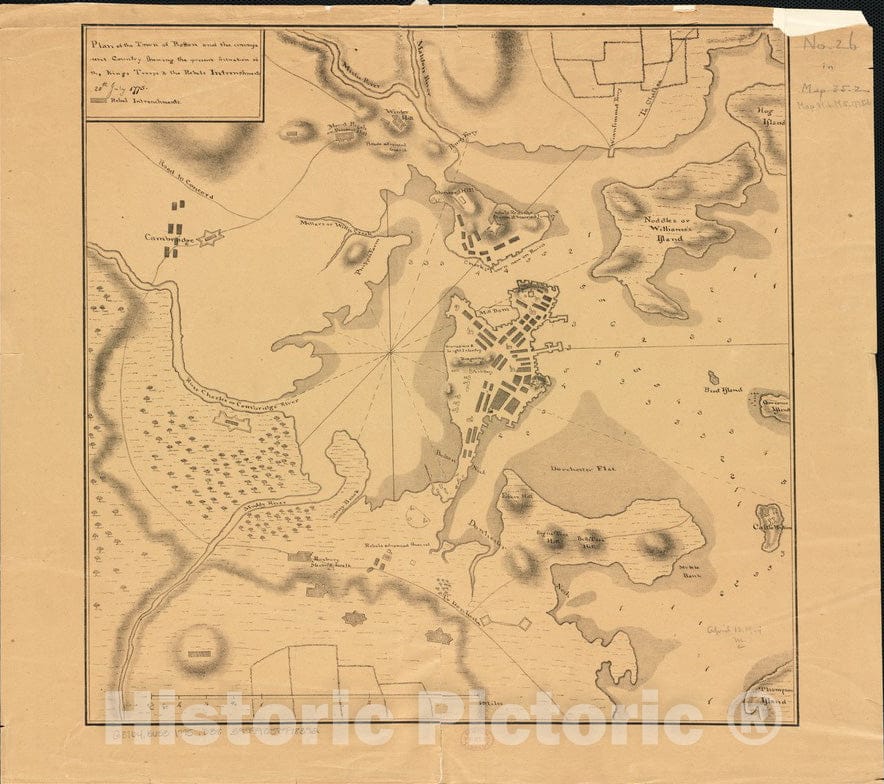 Historical Map, Plan of The Town of Boston and circumjacent Country shewing The Present Situation of The Kings Troops & The Rebels Intrenchments 25th July 1775, Vintage Wall Art