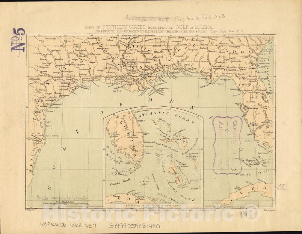 Historical Map, 1863 Parts of Southern States bordering on Gulf of Mexico : Constructed and Engraved to illustrate 'The War with The South', Vintage Wall Art