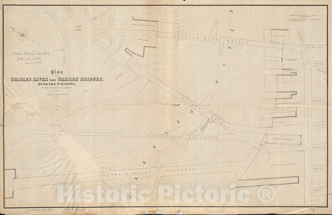 Historical Map, 1853 Plan of Charles River and Warren Bridges, with The Vicinity, Vintage Wall Art