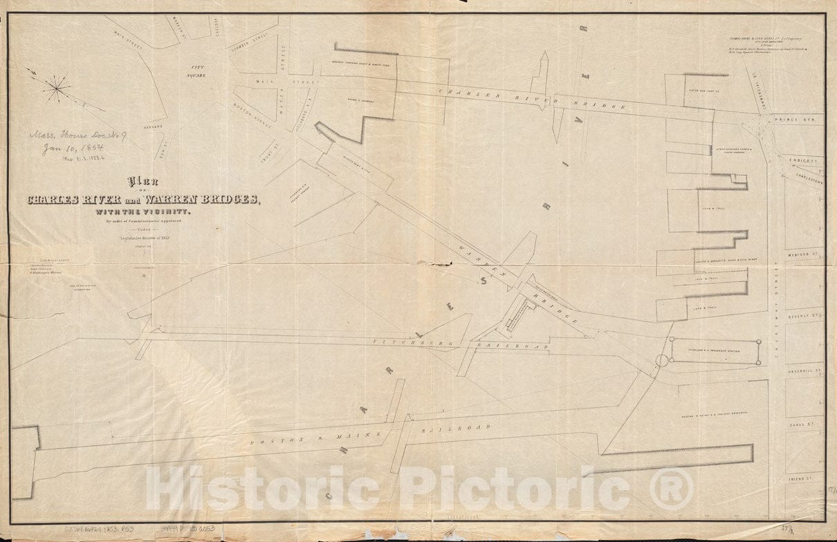 Historical Map, 1853 Plan of Charles River and Warren Bridges, with The Vicinity, Vintage Wall Art