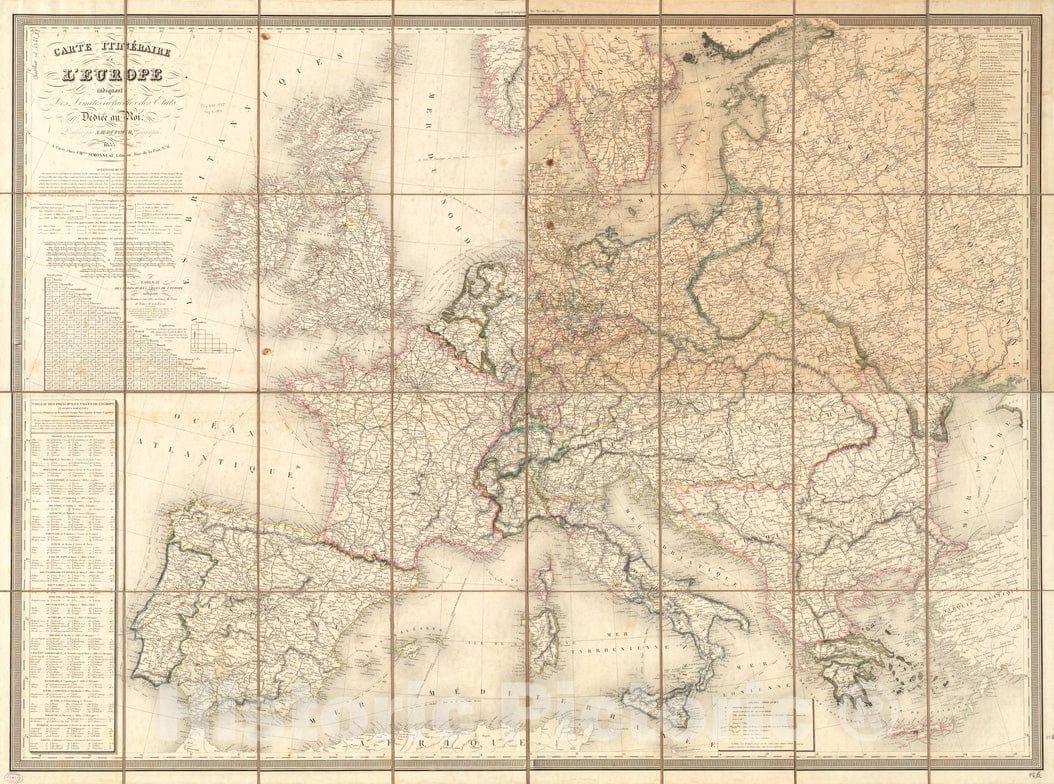 Historical Map, 1835 Carte itineIraire de l'Europe indiquant les limites actuelles des etats : dedieIe au Roi, Vintage Wall Art