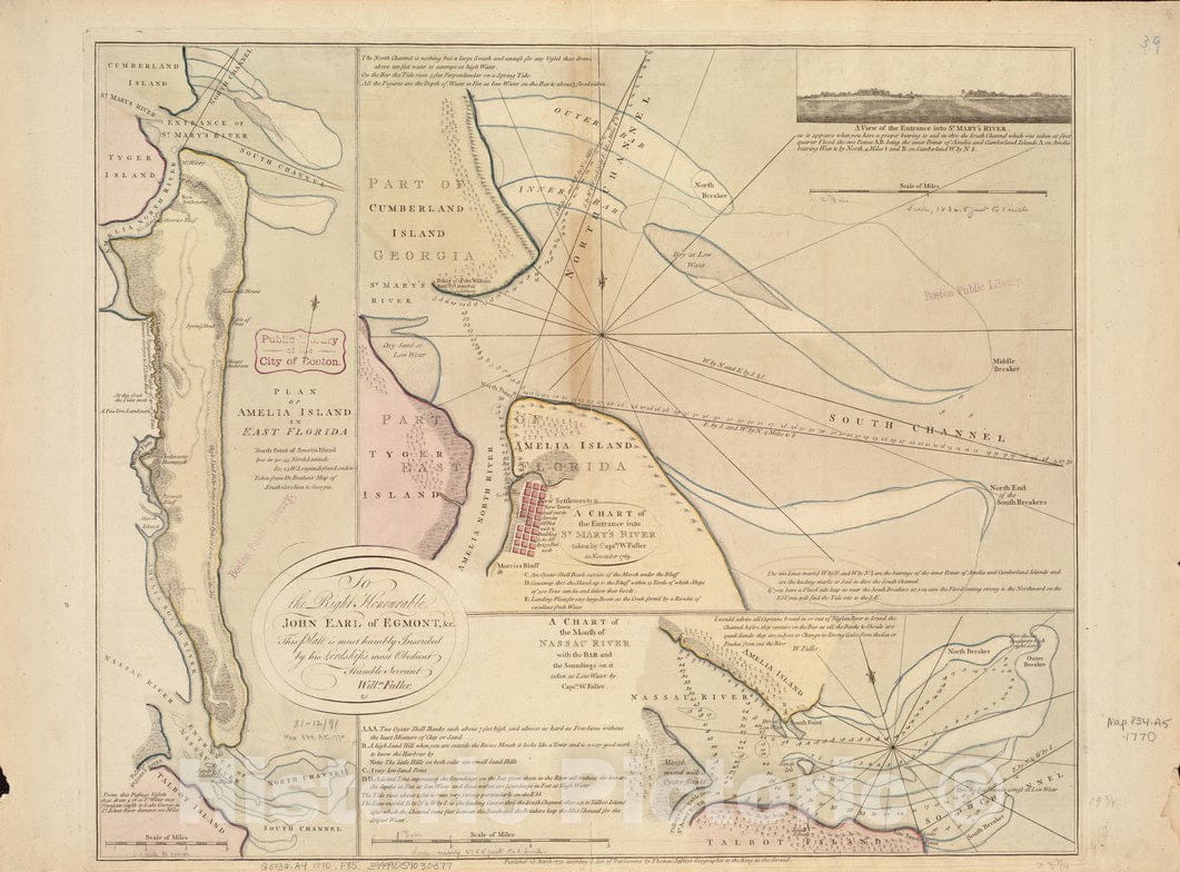 Historical Map, 1770 Plan of Amelia Island in East Florida : A Chart of The Entrance into St. Mary's River Taken by Captn. W. Fuller in November, 1769, Vintage Wall Art