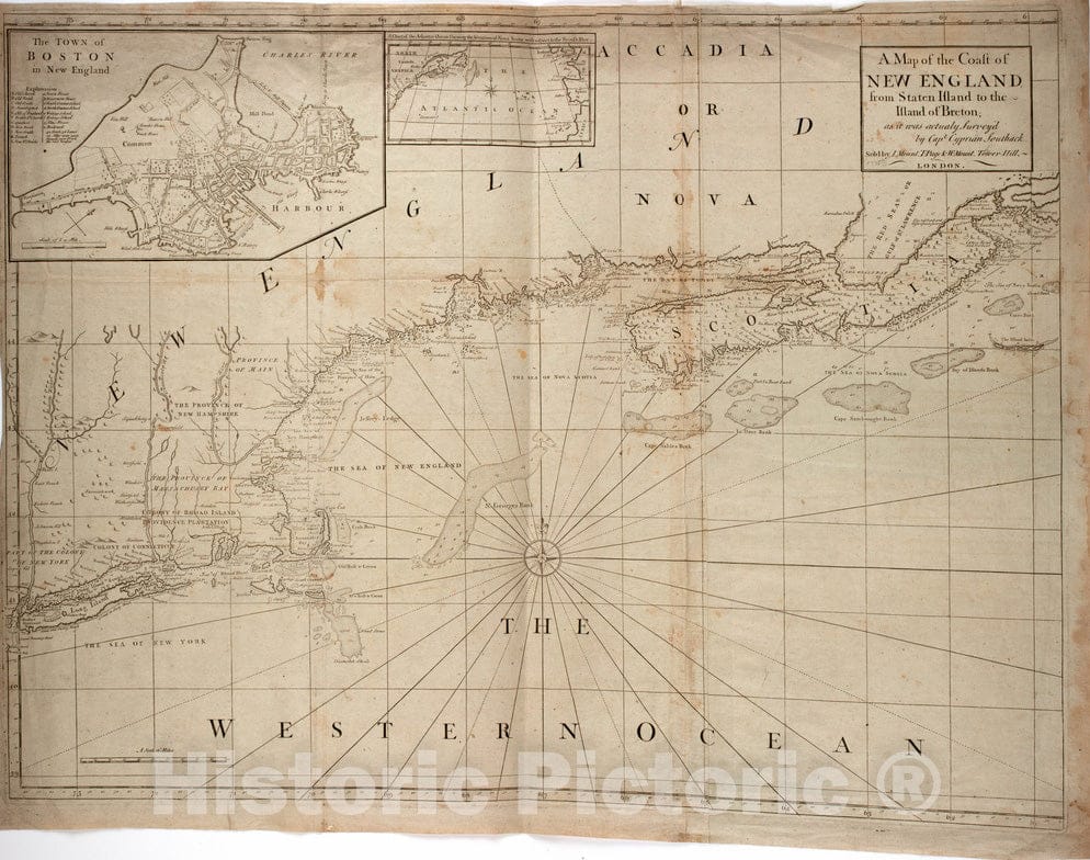 Historical Map, 1775 A map of The Coast of New England from Staten Island to The Island of Breton, Vintage Wall Art