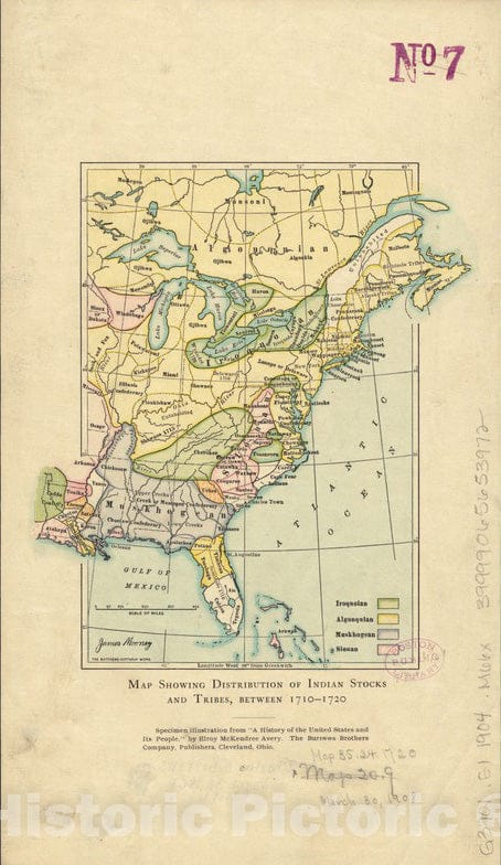 Historical Map, Map Showing Distribution of Indian Stocks and Tribes, Between 1710-1720, Vintage Wall Art