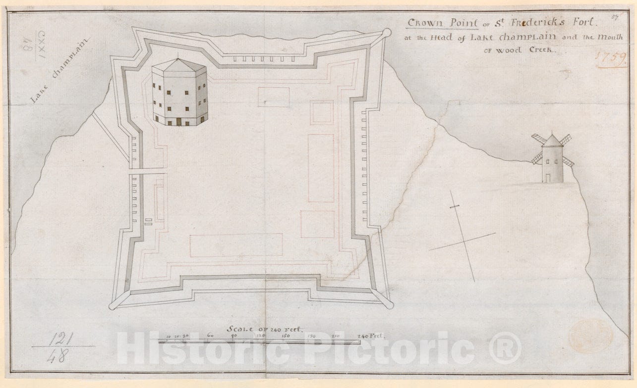 Historical Map, 1759 Crown Point or S.t Frederick's Fort at The Head of Lake Champlain and The Mouth of Wood Creek, Vintage Wall Art