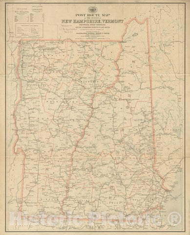 Historical Map, 1903 Post Route map of The States of New Hampshire, Vermont Showing Post Offices with The Intermediate Distances on Mail Route, 1903, Vintage Wall Art
