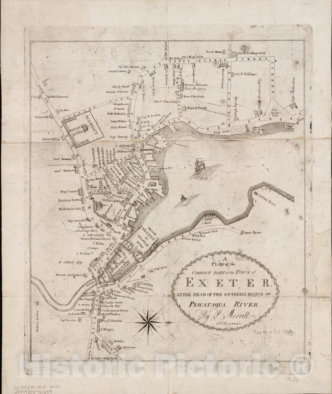 Historical Map, 1802 A Plan of The Compact Part of The Town of Exeter, at The Head of The southerly Branch of Piscataqua River, Vintage Wall Art