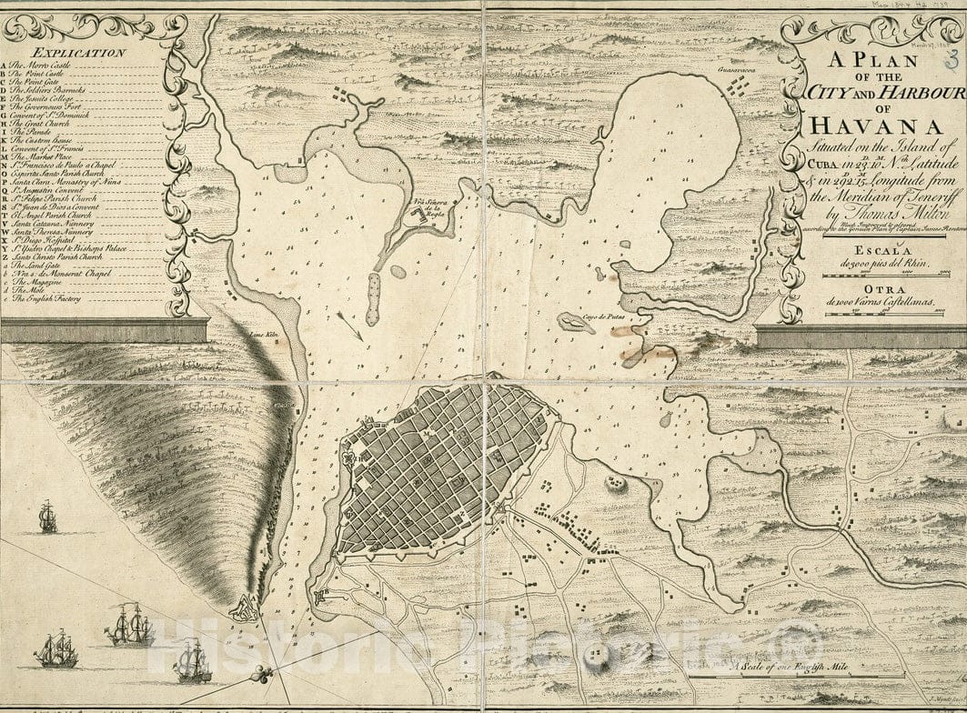 Historical Map, 1739 A Plan of The City and Harbour of Havanna situated on The Island of Cuba, Vintage Wall Art