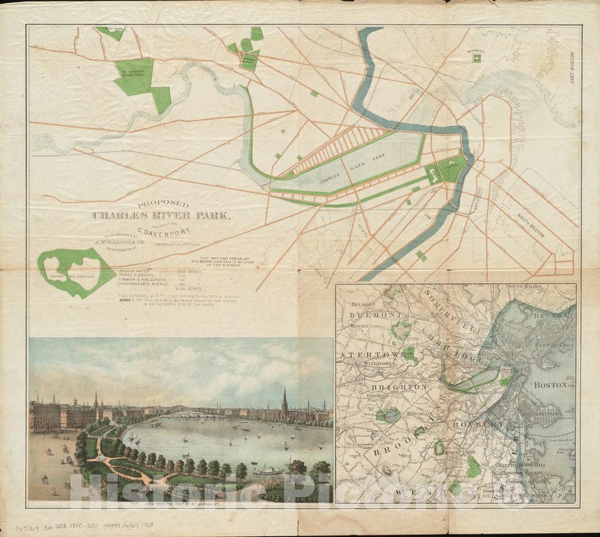 Historical Map, 1880 Proposed Charles River Park, Vintage Wall Art