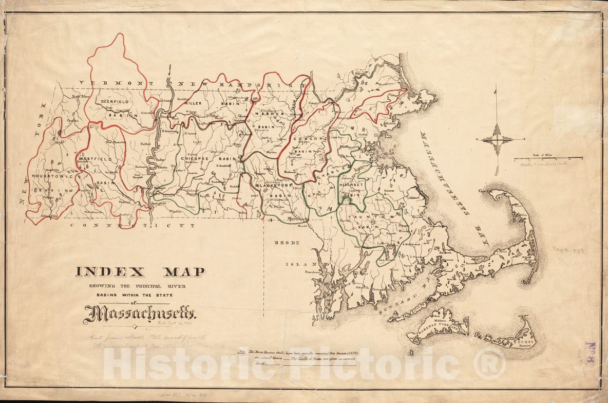 Historical Map, 1876 Index map Showing The Principal River basins Within The State of Massachusetts, Vintage Wall Art