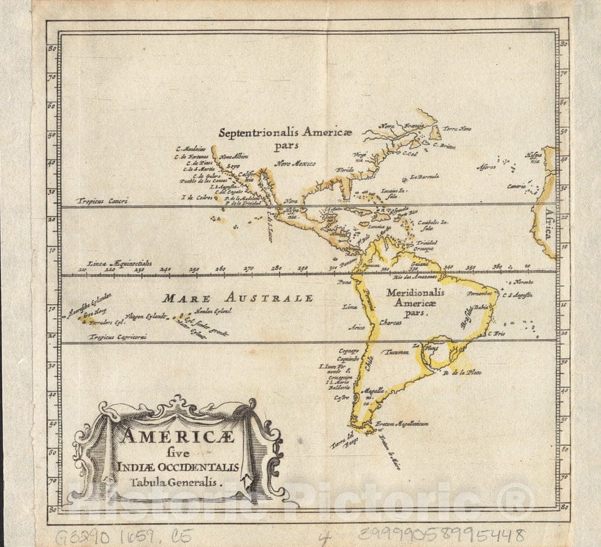 Historical Map, 1659 Americae sive Indiae Occidentalis : Tabula generalis, Vintage Wall Art