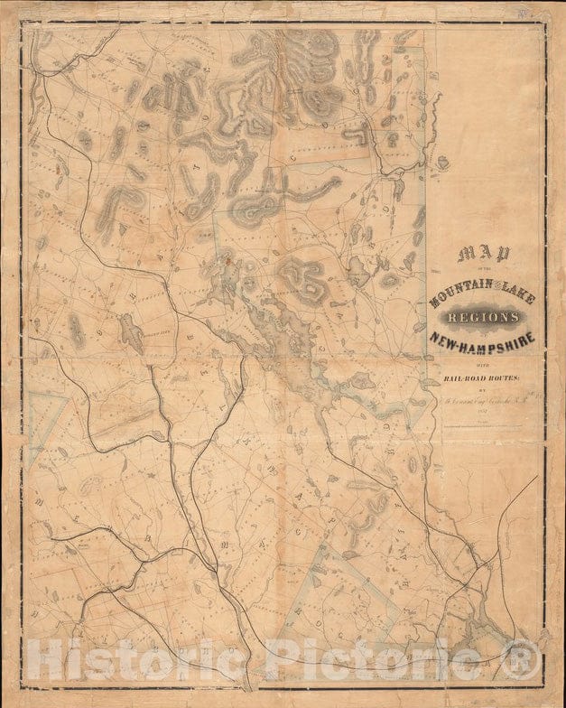 Historical Map, 1852 Map of the mountain and lake regions of New-Hampshire with rail-road routes, Vintage Wall Art