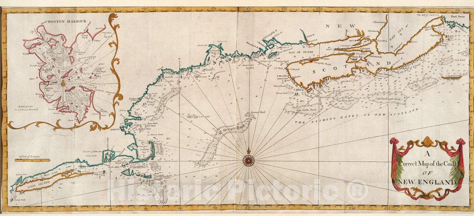 Historical Map, 1758-1760 A Correct map of The Coast of New England, Vintage Wall Art