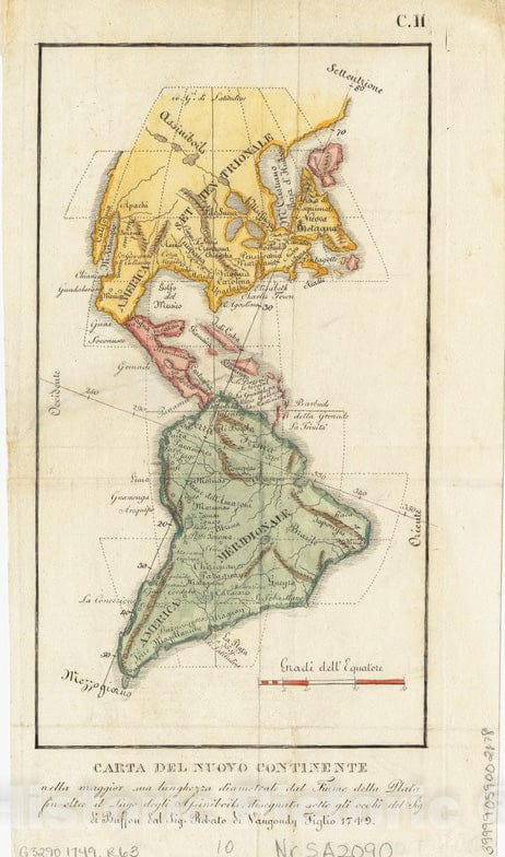 Historical Map, 1749 Carta del nuovo continente : nella maggior sua lunghezza diametrale dal fiume della Plata fin oltre il lago degli Assiniboils, Vintage Wall Art