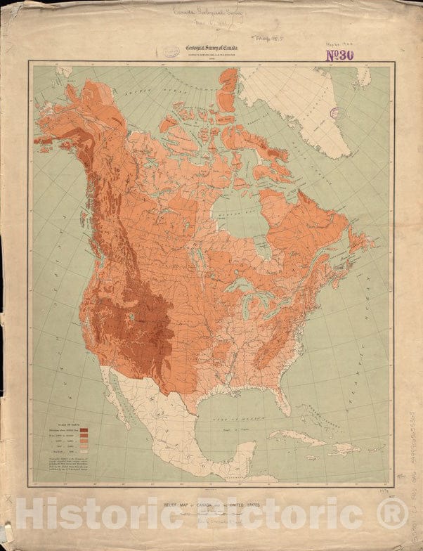 Historical Map, 1900 Relief map of Canada and The United States, Vintage Wall Art