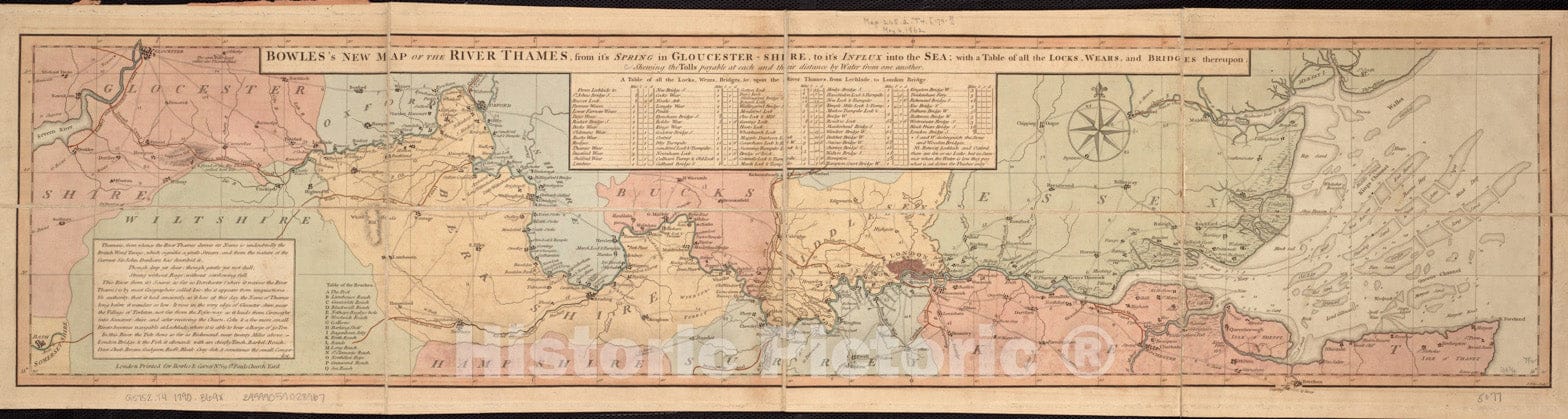 Historical Map, 1790-1799 Bowles's New map of The River Thames, from It's Spring in Gloucester-Shire, to It's Influx into The sea : with a Table of All The Locks, Vintage Wall Art